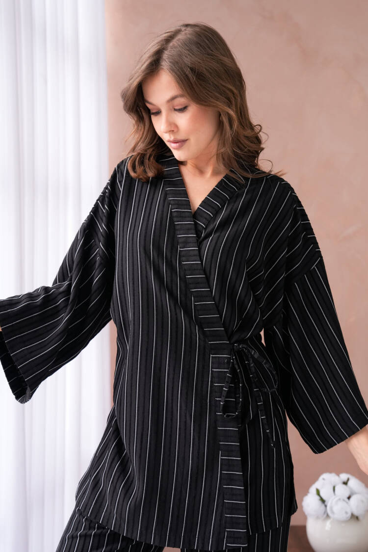 Self Patterned Side Tie Kimono And Pants Bottom/Top Set 29059