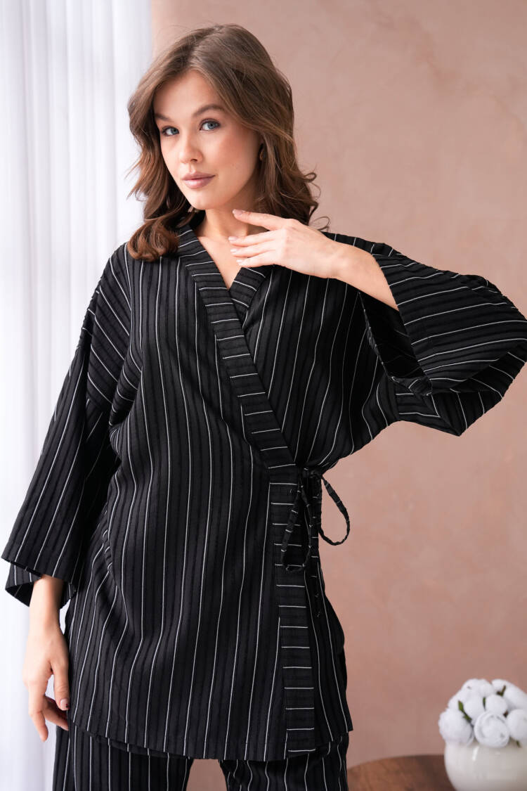 Self Patterned Side Tie Kimono And Pants Bottom/Top Set 29059