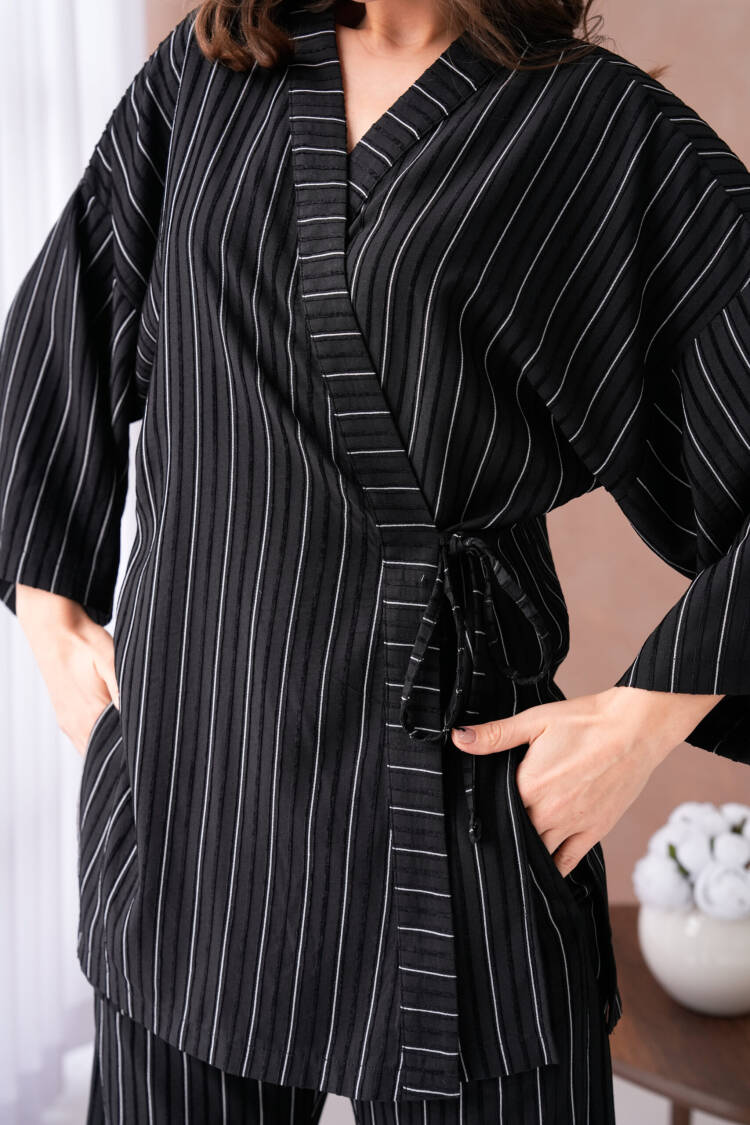 Self Patterned Side Tie Kimono And Pants Bottom/Top Set 29059