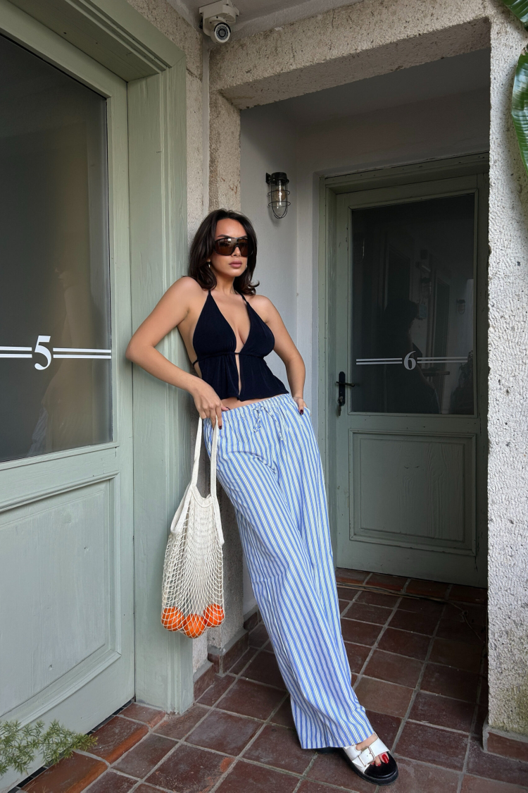 Striped Elastic Wide Fit Pants 29058 - First Angels - Globality Store - Women Clothes Wholesale Turkey