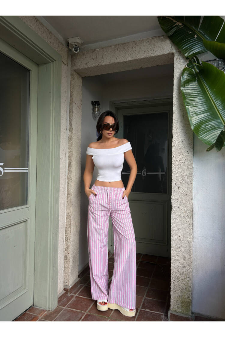 Striped Elastic Wide Cut Pants 29058