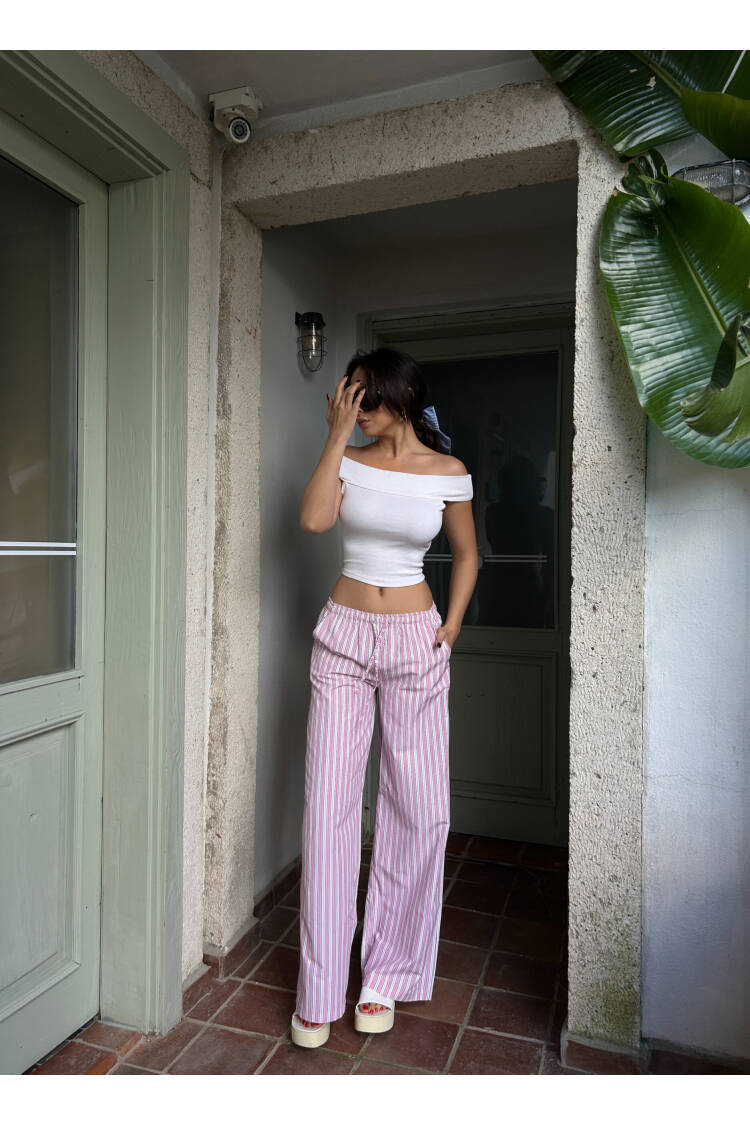Striped Elastic Wide Cut Pants 29058