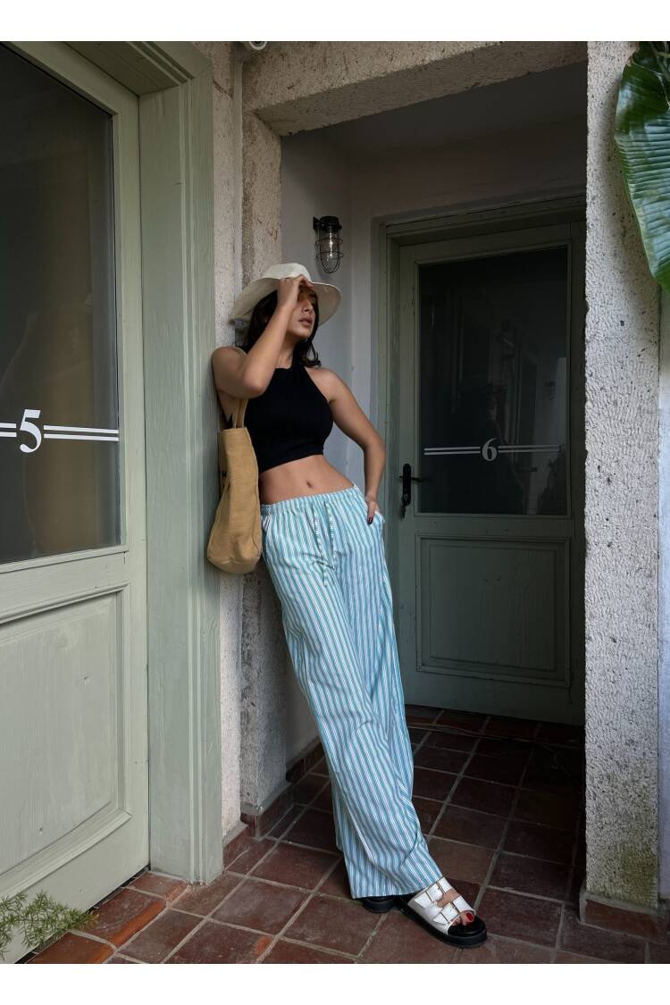Striped Elastic Wide Cut Pants 29058