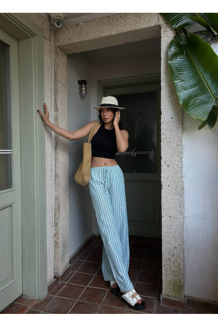 Striped Elastic Wide Cut Pants 29058