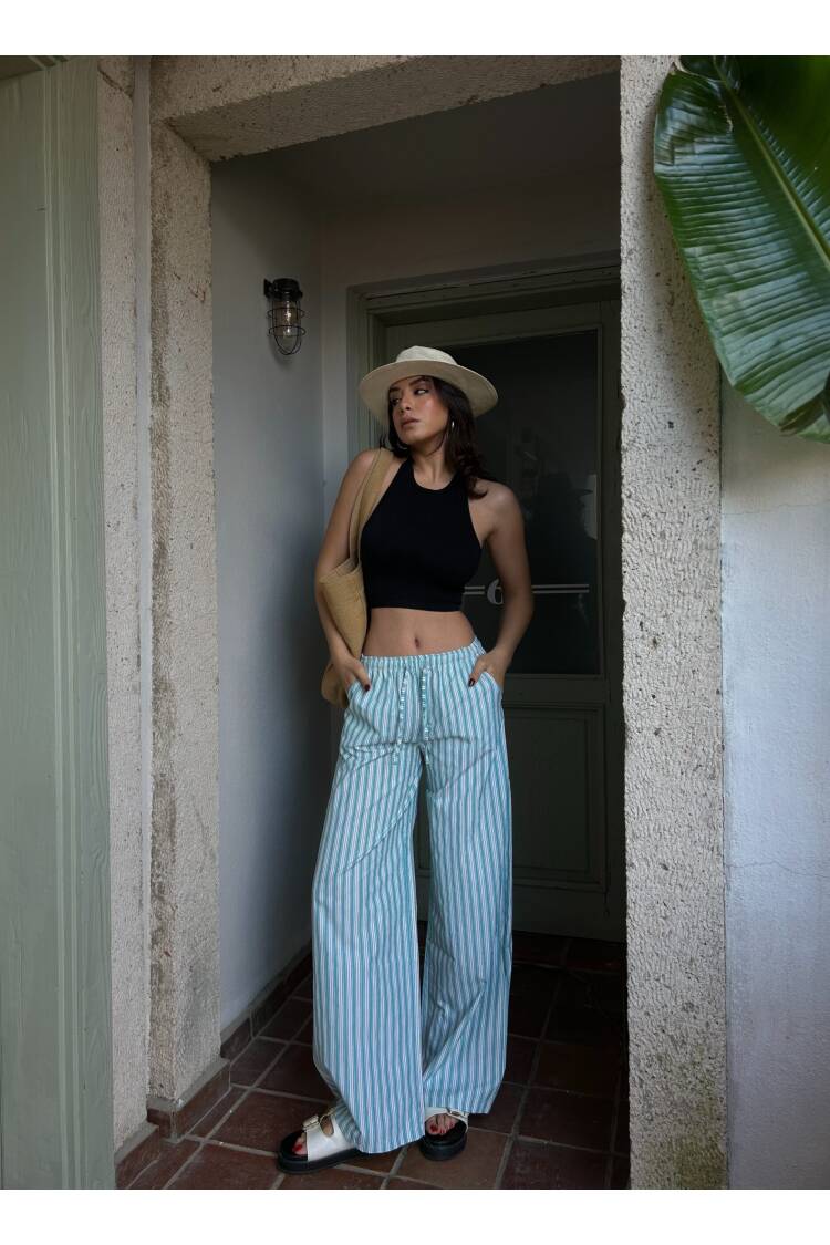 Striped Elastic Wide Cut Pants 29058