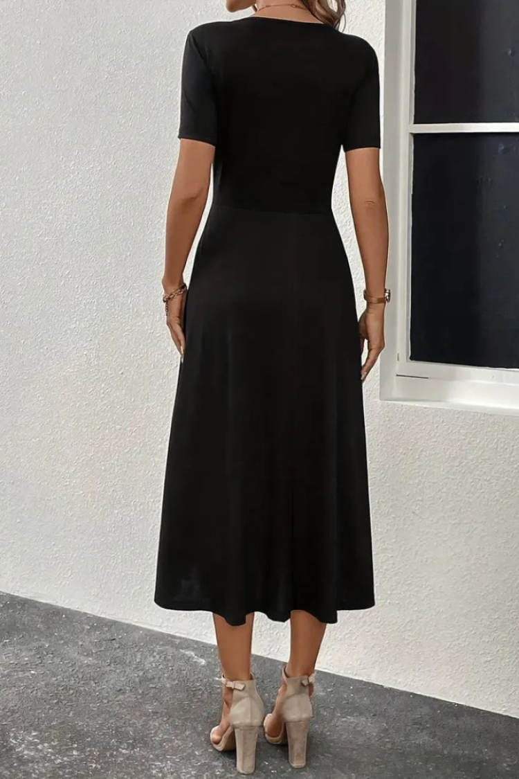 Women's Short Sleeve V-Neck Front Buttoned Slit Midi Viscose Dress - Black