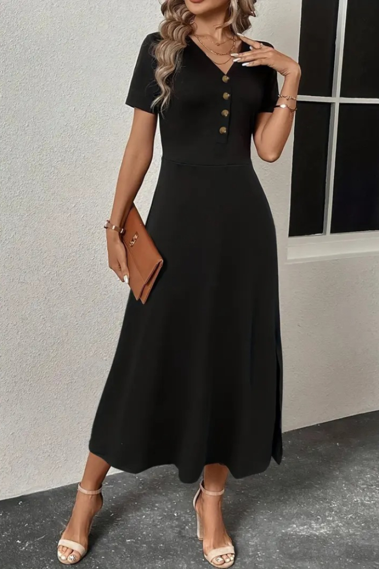 Women's Short Sleeve V-Neck Front Buttoned Slit Midi Viscose Dress - Black