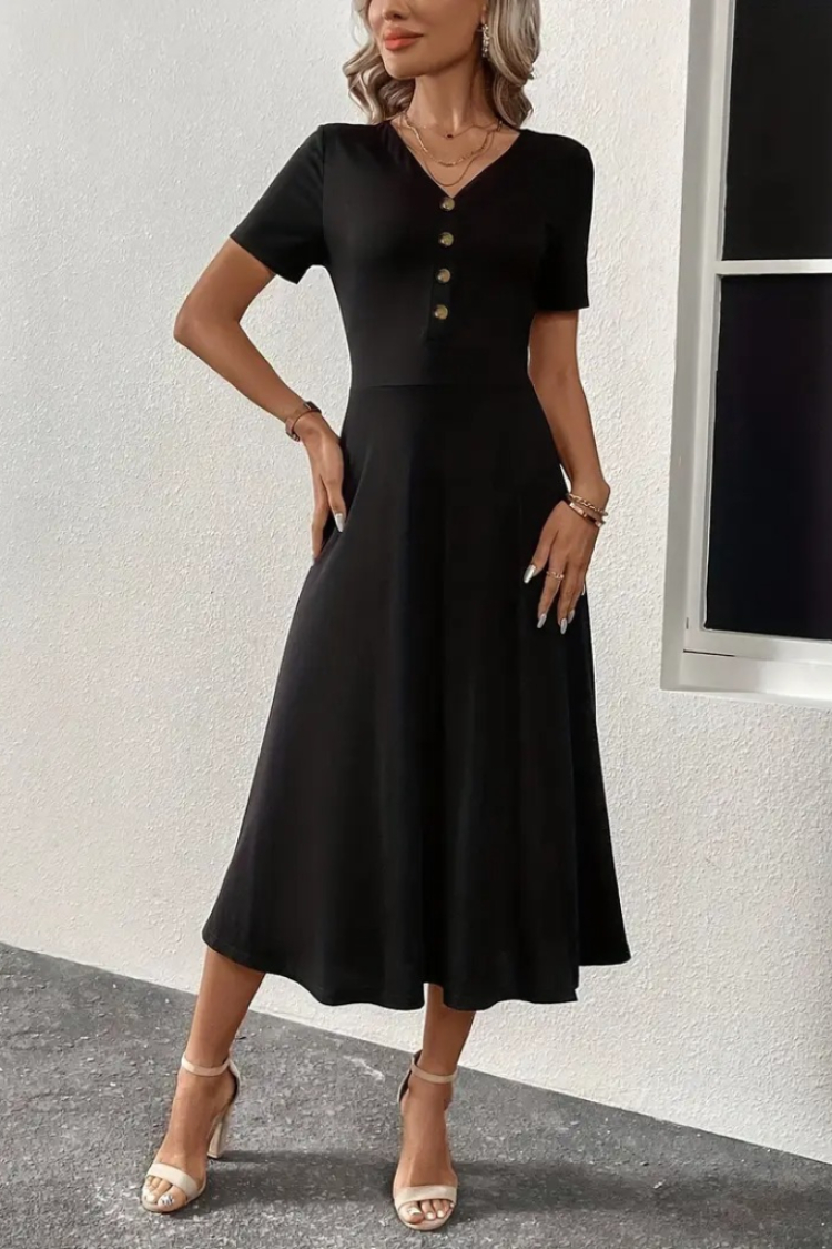 Women's Short Sleeve V-Neck Front Buttoned Slit Midi Viscose Dress - Black