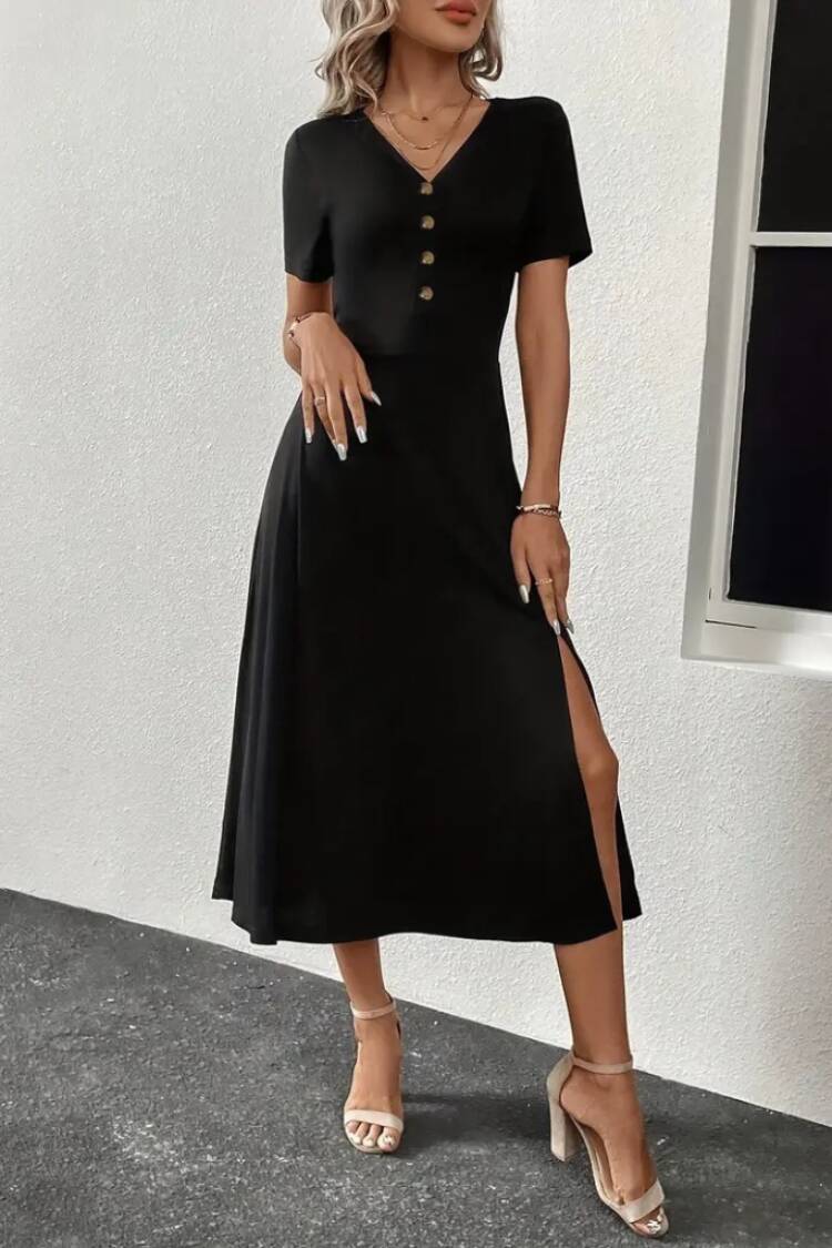Women's Short Sleeve V-Neck Front Buttoned Slit Midi Viscose Dress - Black