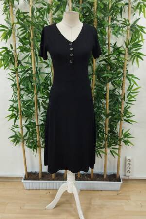 Women's Short Sleeve V-Neck Front Buttoned Slit Midi Viscose Dress - Black - Janes - Globality Store - Women Clothes Wholesale Turkey