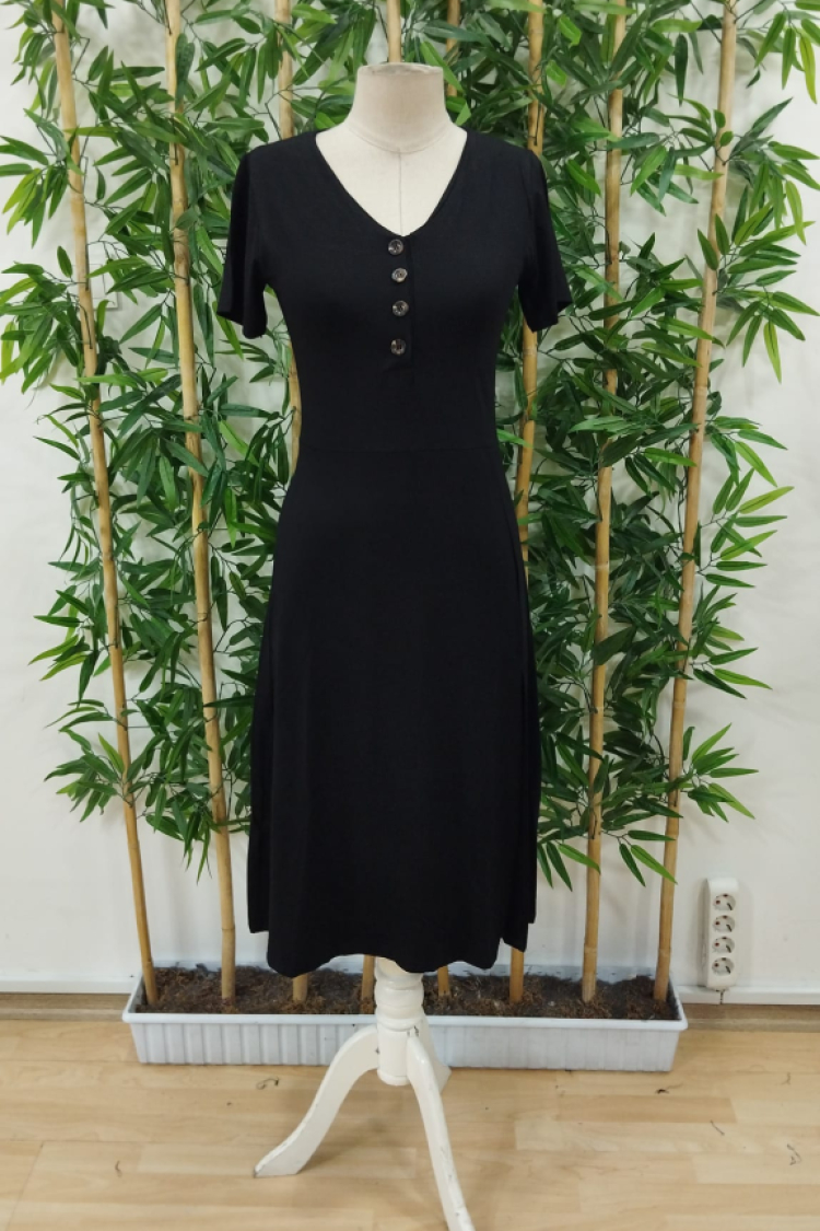 Women's Short Sleeve V-Neck Front Buttoned Slit Midi Viscose Dress - Black