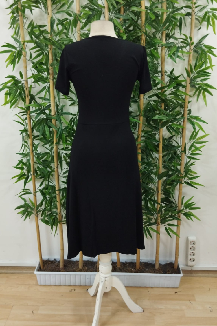 Women's Short Sleeve V-Neck Front Buttoned Slit Midi Viscose Dress - Black