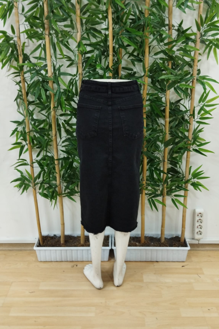 Women's High Waist Front Slit Pocket Midi Denim Skirt - Black