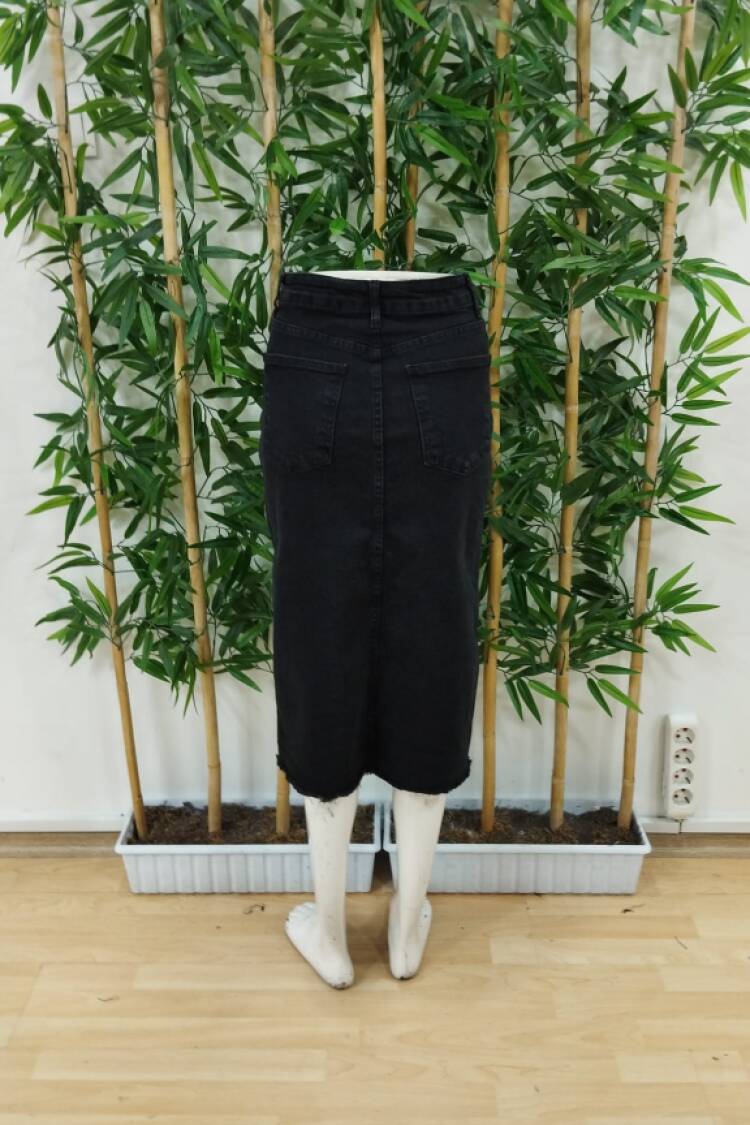 Women's High Waist Front Slit Pocket Midi Denim Skirt - Black