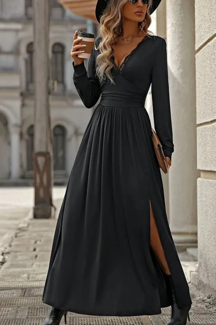 Women's Long Sleeve V Neck Lace Neck Slit Long Sandy Dress - Black
