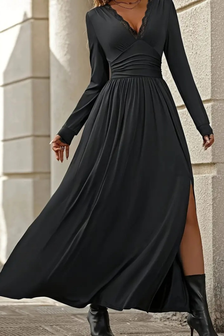 Women's Long Sleeve V Neck Lace Neck Slit Long Sandy Dress - Black