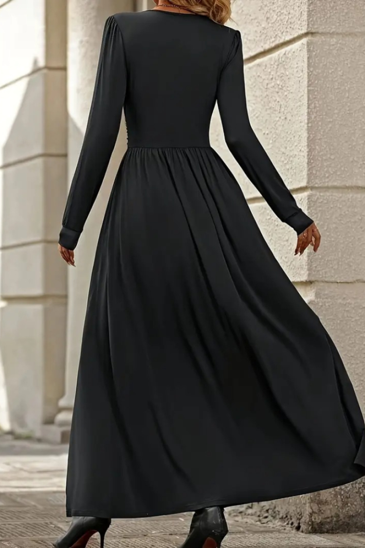 Women's Long Sleeve V Neck Lace Neck Slit Long Sandy Dress - Black