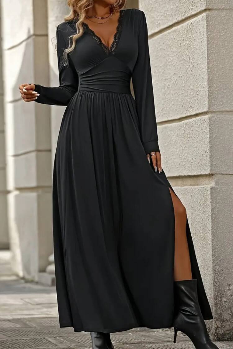 Women's Long Sleeve V Neck Lace Neck Slit Long Sandy Dress - Black