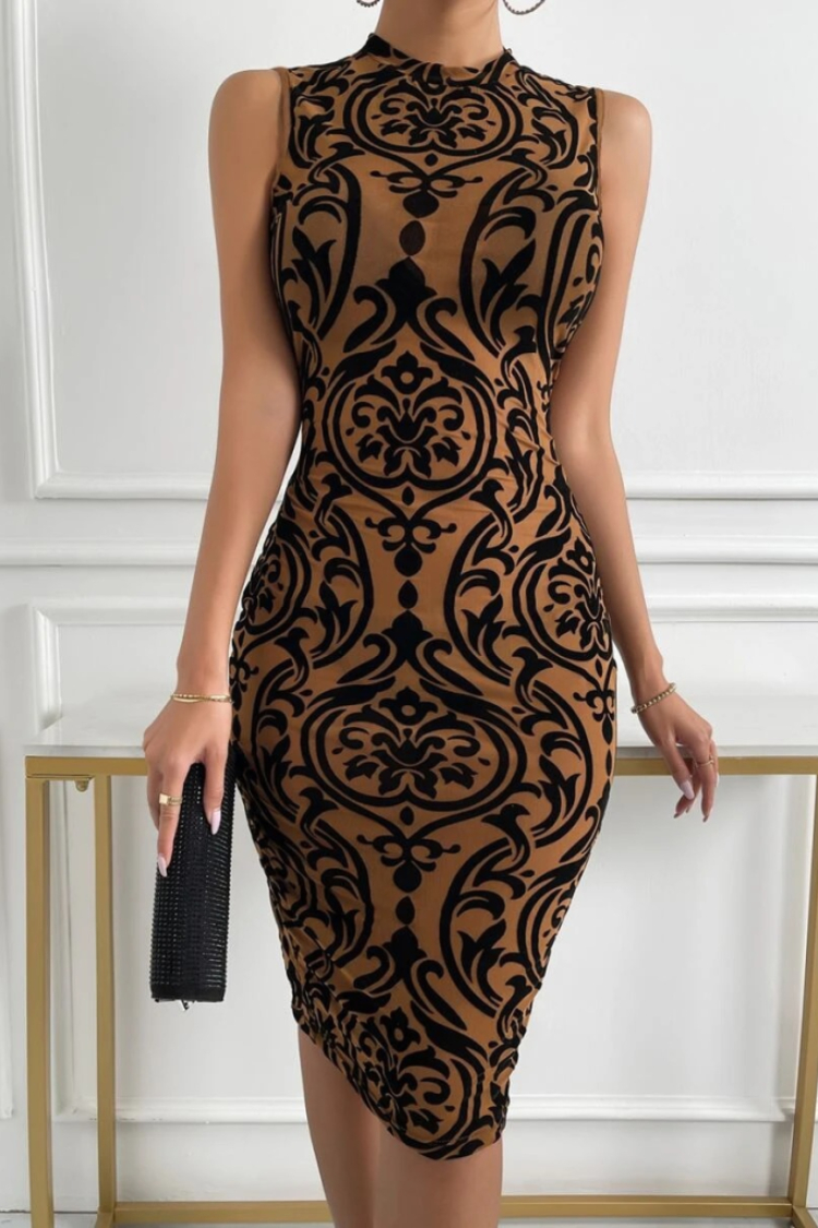 Sleeveless Half Turtleneck Print Plunge Dress - Brown