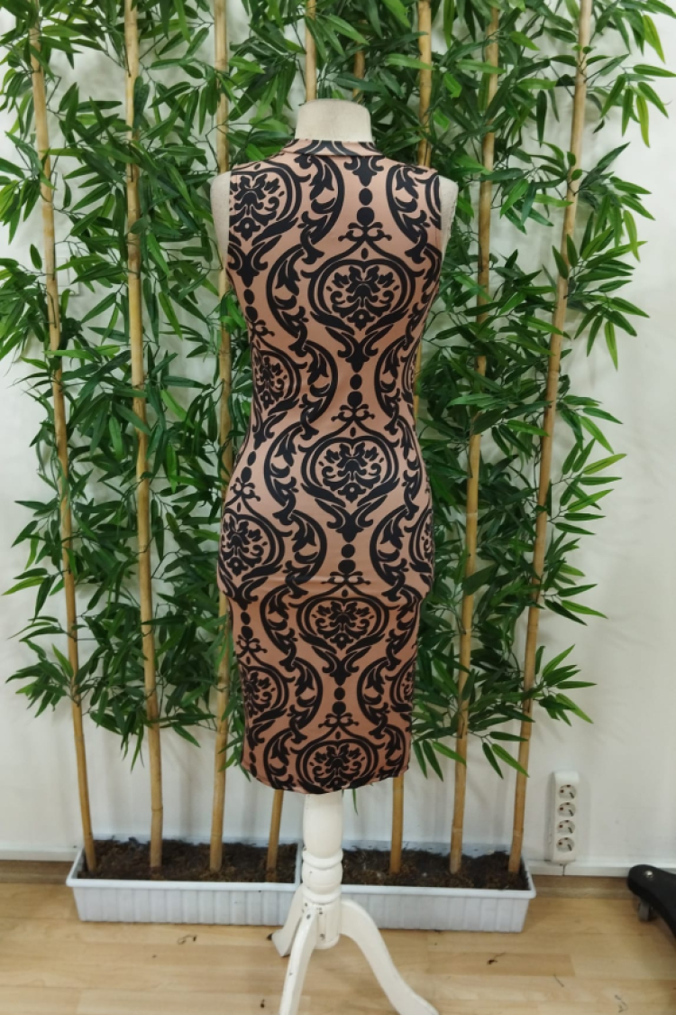 Sleeveless Half Turtleneck Print Plunge Dress - Brown