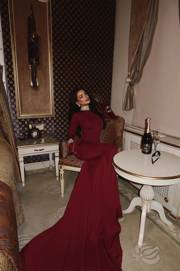 Cherry Rot Glove Detail Long Dress - EYYO ATELIER - Globality Store - Women Clothes Wholesale Turkey