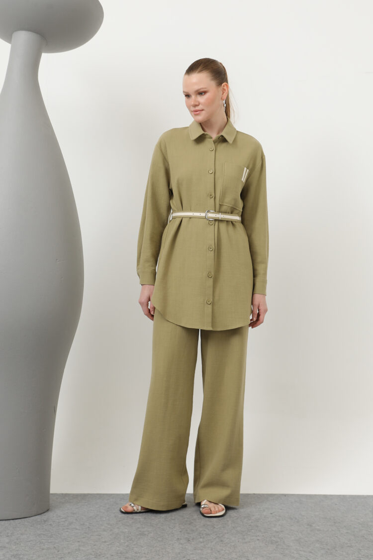 Ruched Waist And Pocket Detailed Shirt And Pants Set - Light - Puane - Globality Store - Women Clothes Wholesale Turkey