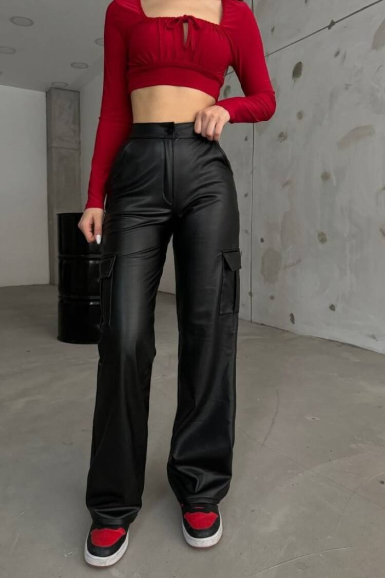 Women's High Waist Front Zipper Side Pocket Detailed Leather Cargo Pants - Black - Janes - Globality Store - Women Clothes Wholesale Turkey