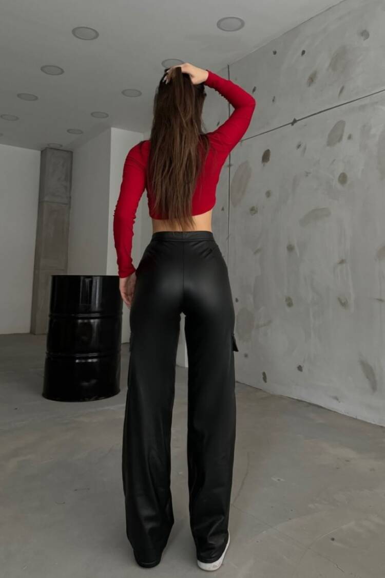 Women's High Waist Front Zipper Side Pocket Detailed Leather Cargo Pants - Black