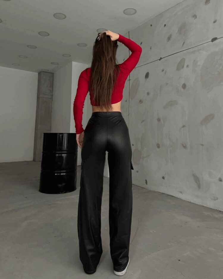 Women's High Waist Front Zipper Side Pocket Detailed Leather Cargo Pants - Black