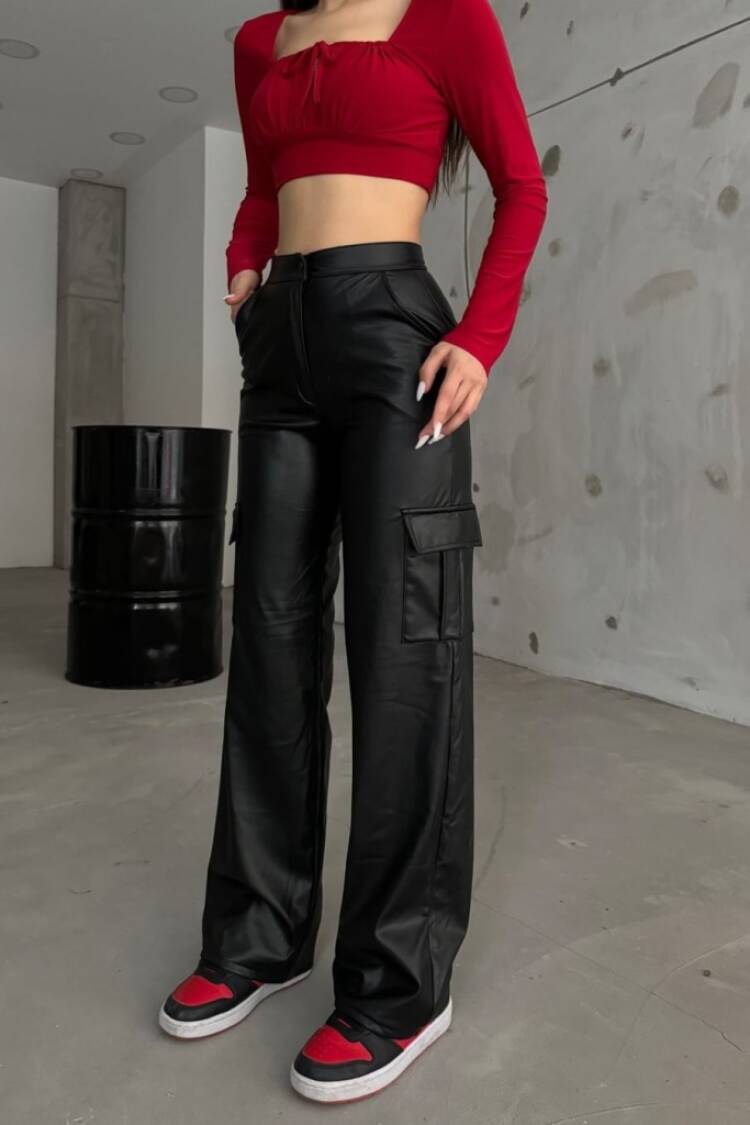 Women's High Waist Front Zipper Side Pocket Detailed Leather Cargo Pants - Black