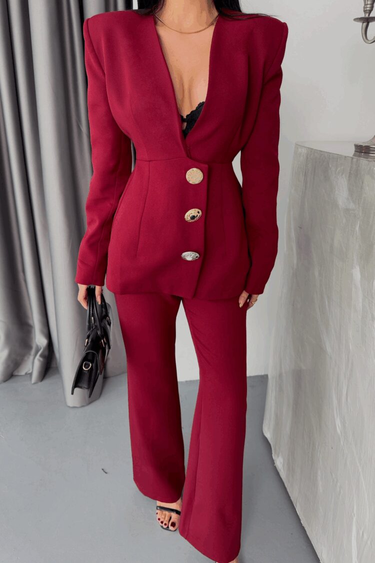 Design Jacket-Pants Suit Metal Button Detailed