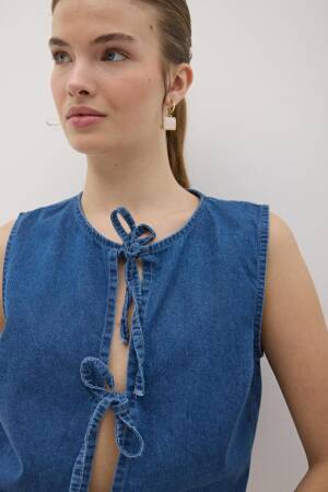 Front Tie Sleeveless Denim Vest Dark Blue - Levure - Globality Store - Women Clothes Wholesale Turkey