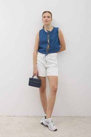 Front Tie Sleeveless Denim Vest Dark Blue - Levure - Globality Store - Women Clothes Wholesale Turkey