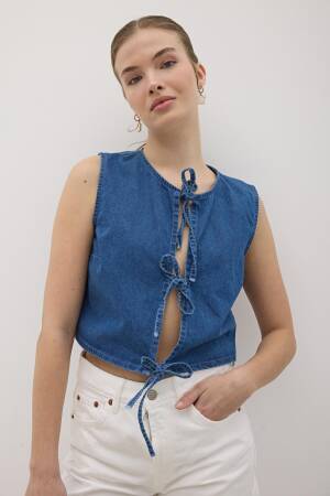Front Tie Sleeveless Denim Vest Dark Blue - Levure - Globality Store - Women Clothes Wholesale Turkey