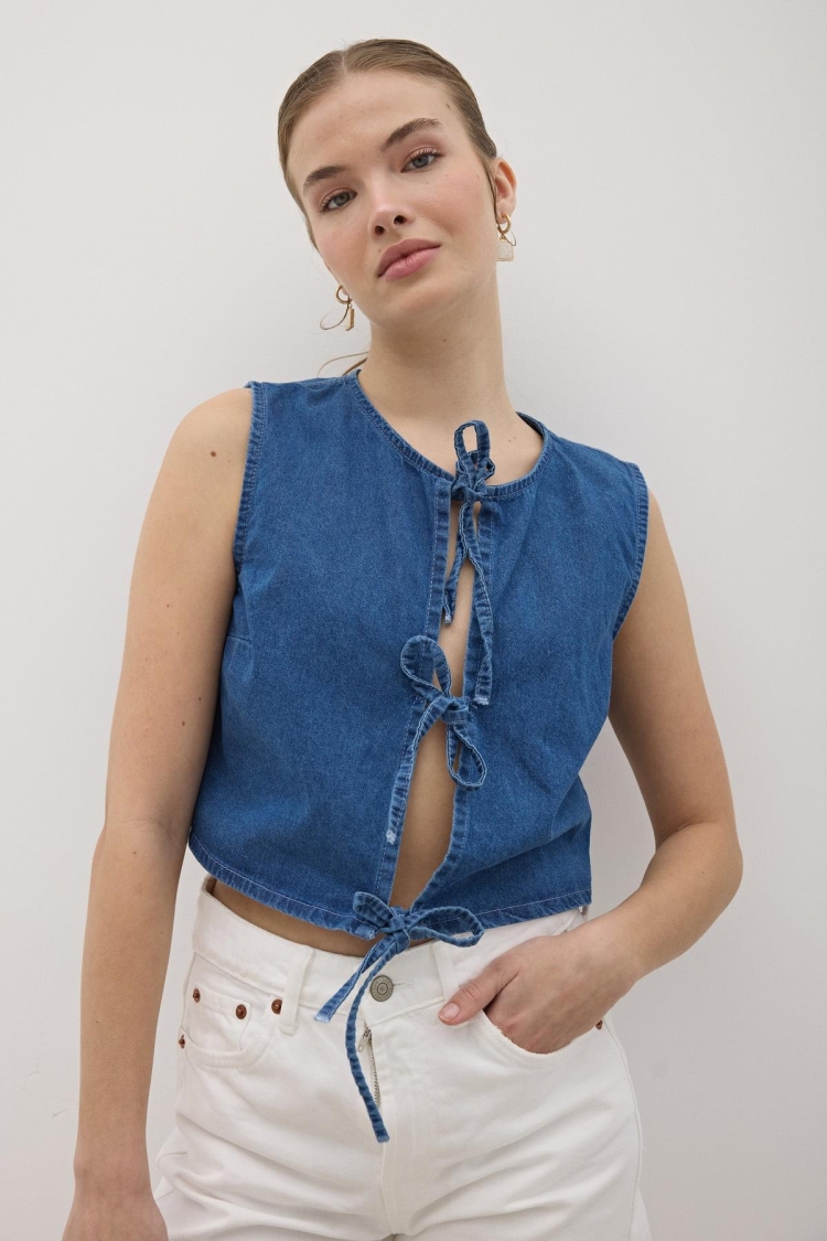 Front Tie Sleeveless Denim Vest Dark Blue