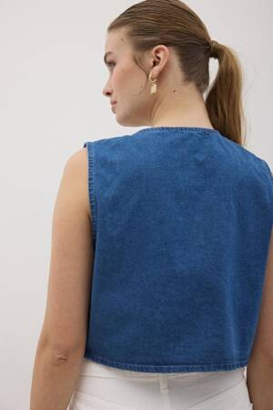 Front Tie Sleeveless Denim Vest Dark Blue - Levure - Globality Store - Women Clothes Wholesale Turkey
