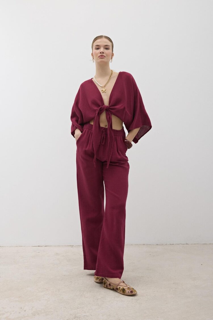 Mueslin Salaş Women's Pants Burgundy - Levure - Globality Store - Women Clothes Wholesale Turkey