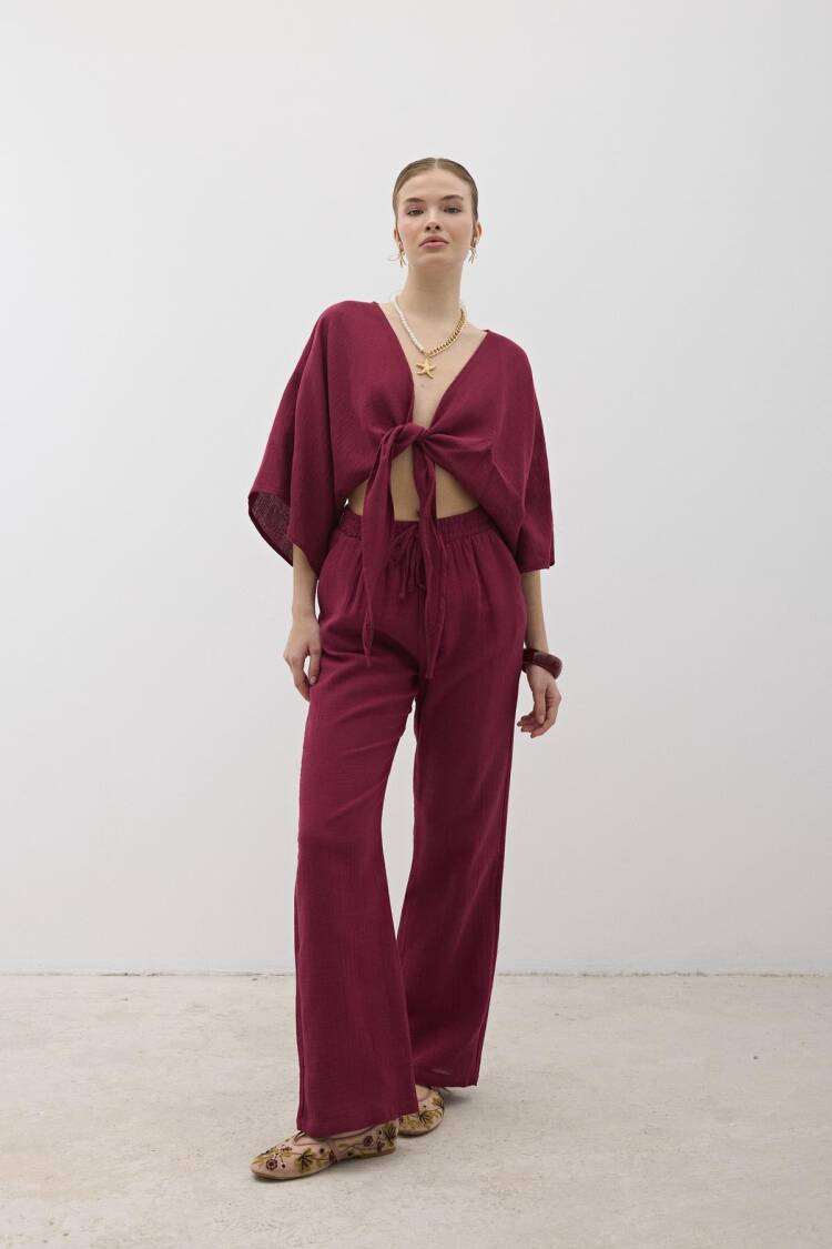 Mueslin Tie Blouse - Burgundy - Brand: Levure - Women's Clothing Wholesale - Globality Store