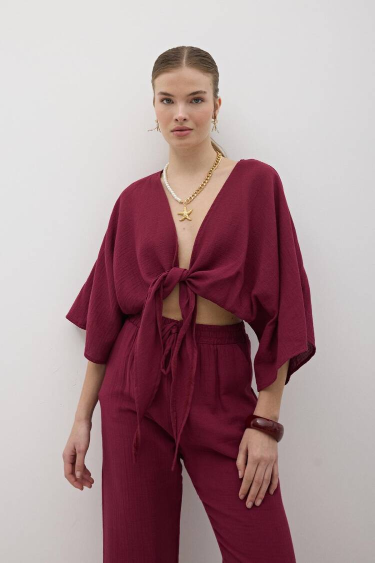Mueslin Tie Blouse - Burgundy