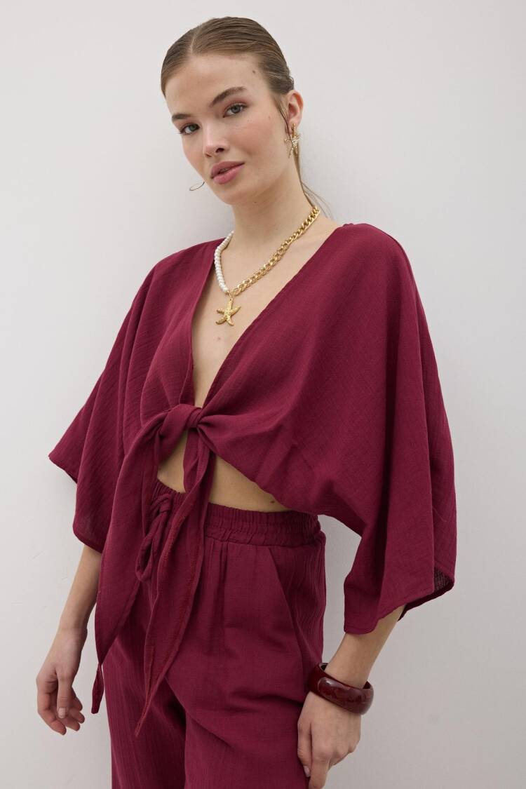 Mueslin Tie Blouse - Burgundy