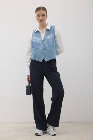 Tassel Detailed Front Buttoned Denim Vest Stone Wash - Blue - Levure - Globality Store - Women Clothes Wholesale Turkey