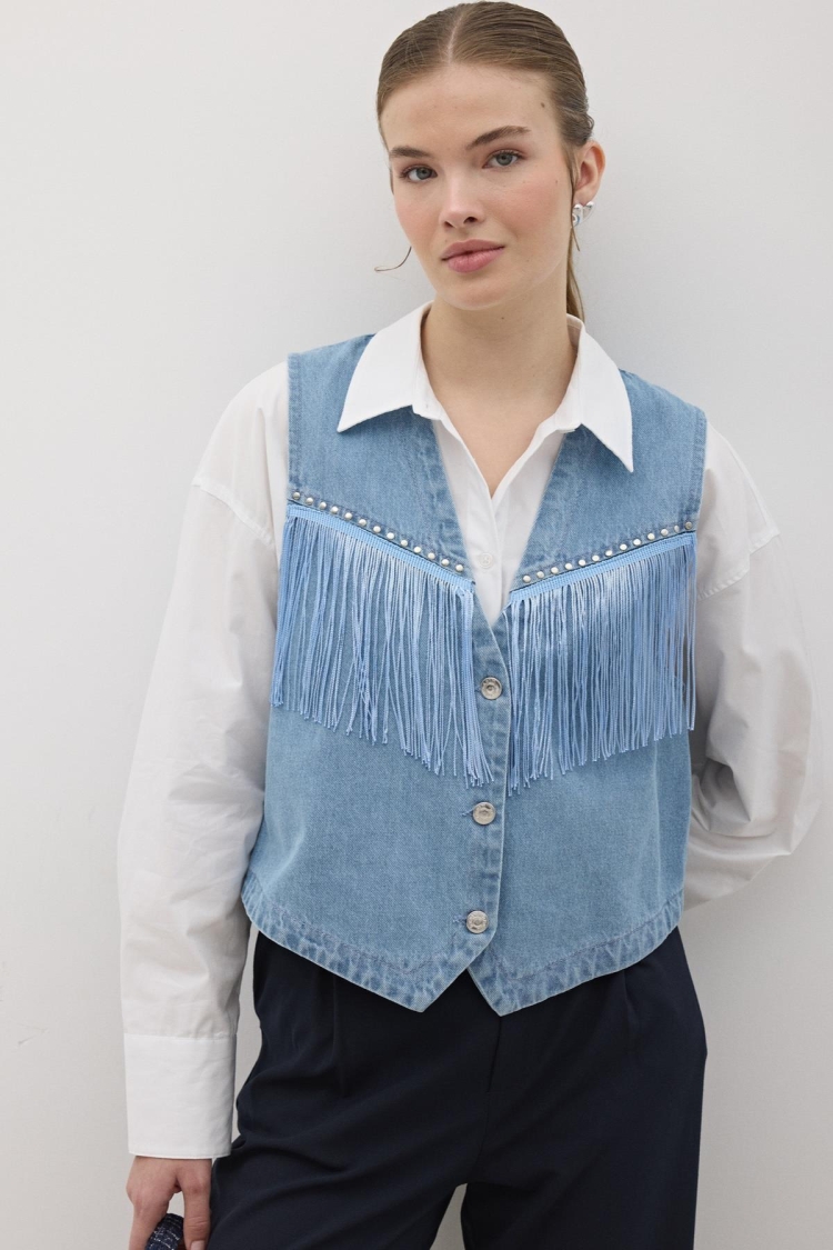 Tassel Detailed Front Buttoned Denim Vest Stone Wash - Blue