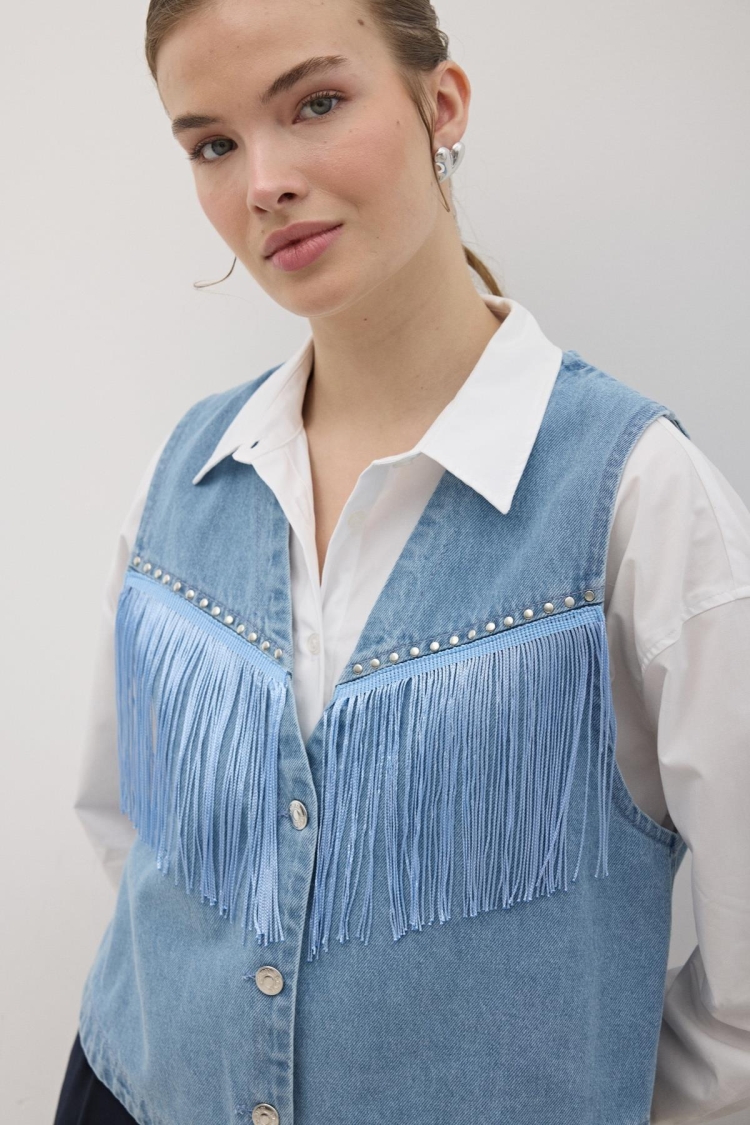 Tassel Detailed Front Buttoned Denim Vest Stone Wash - Blue
