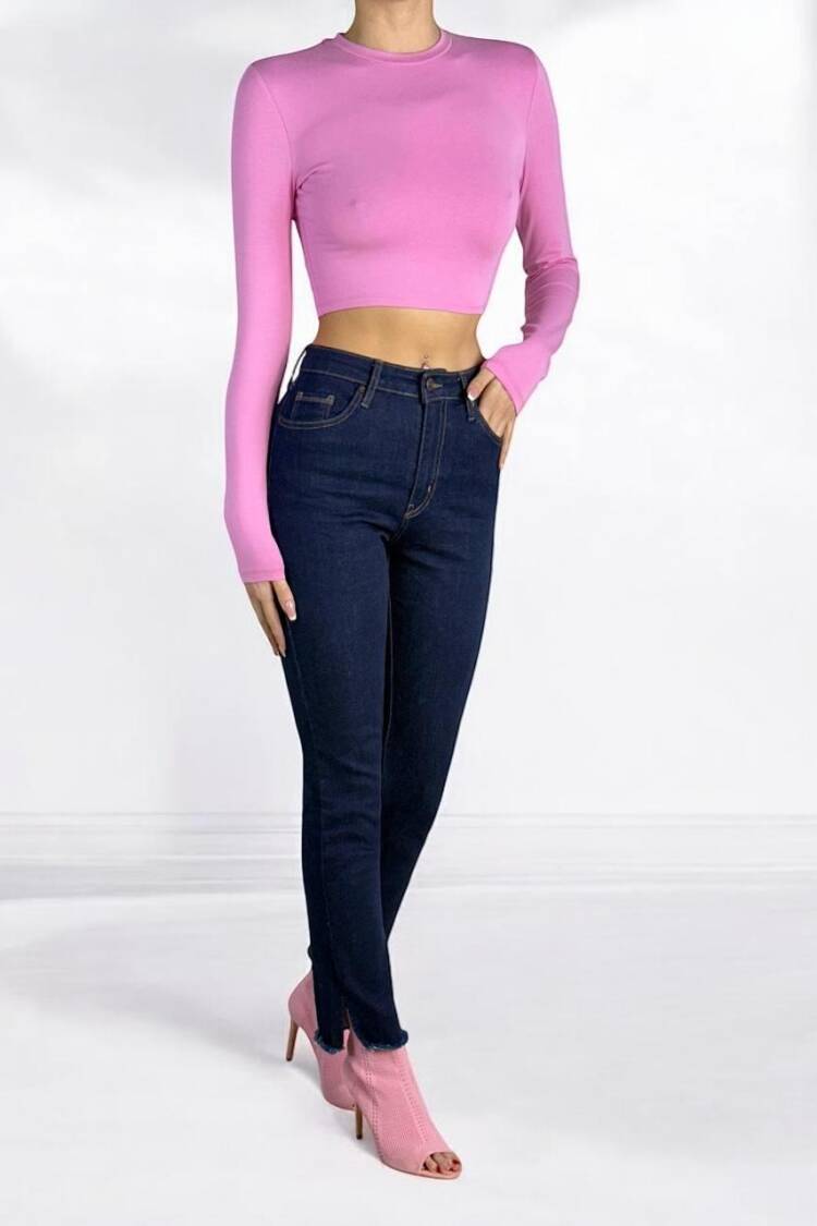 High Waist Leg Dirty Sewing Detailed Side Slit Rinse Jeans Pants - Navy - LACARINO - Globality Store - Women Clothes Wholesale Turkey