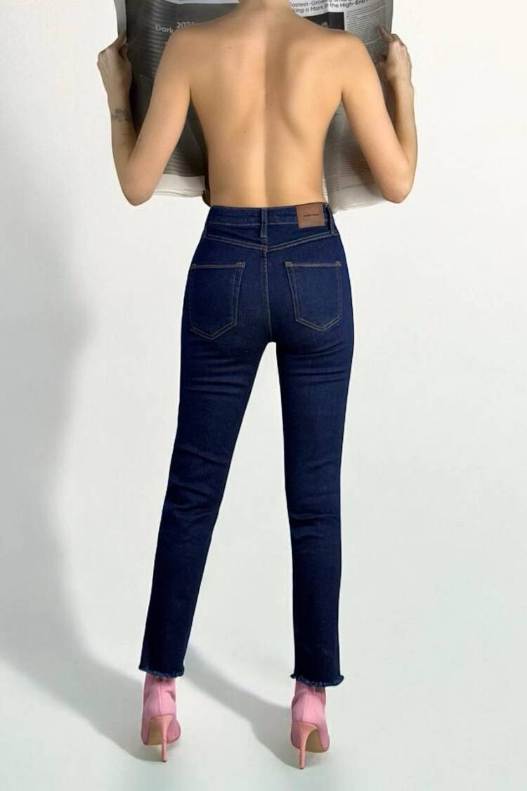 High Waist Leg Dirty Sewing Detailed Side Slit Rinse Jeans Pants - Navy