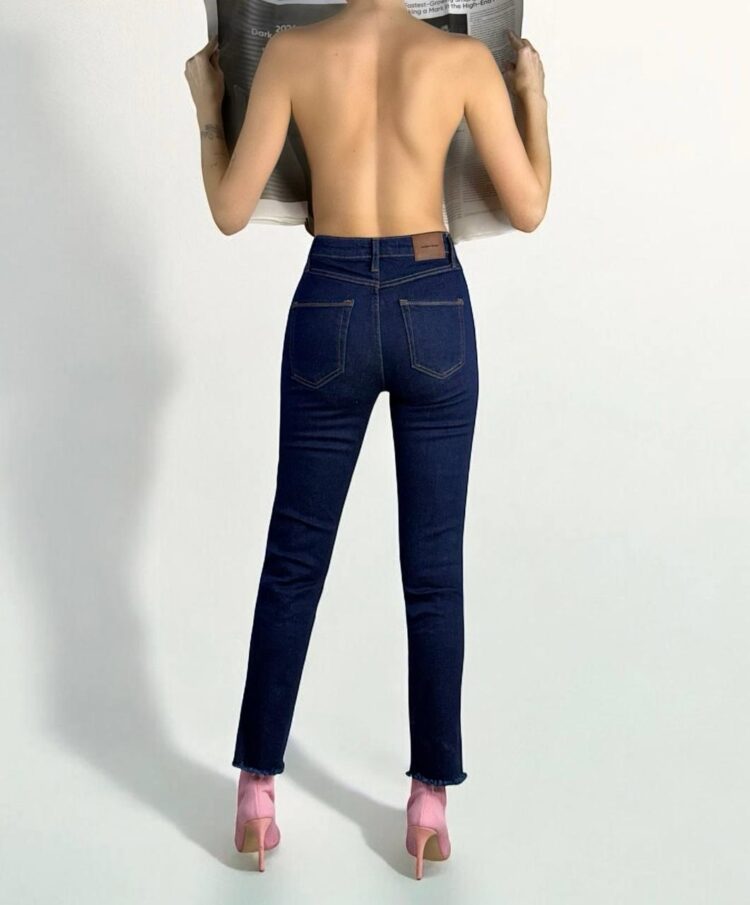High Waist Leg Dirty Sewing Detailed Side Slit Rinse Jeans Pants - Navy