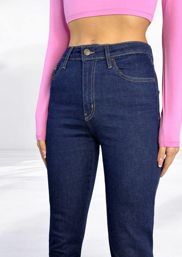 High Waist Leg Dirty Sewing Detailed Side Slit Rinse Jeans Pants - Navy