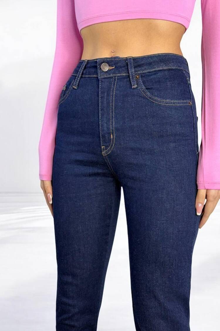 High Waist Leg Dirty Sewing Detailed Side Slit Rinse Jeans Pants - Navy