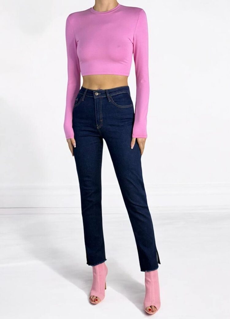 High Waist Leg Dirty Sewing Detailed Side Slit Rinse Jeans Pants - Navy