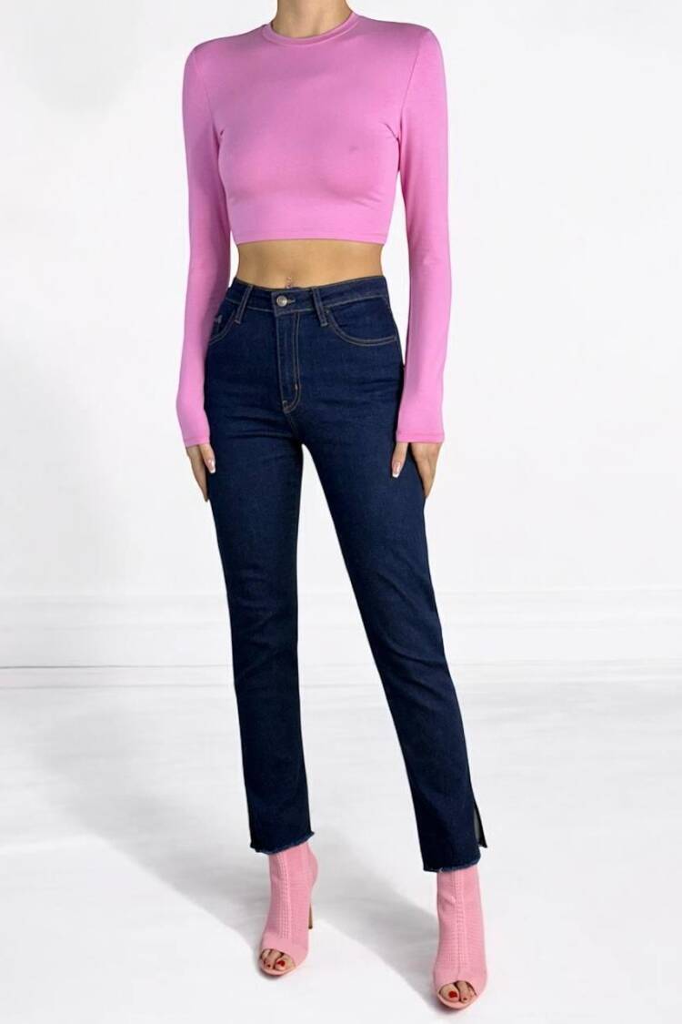 High Waist Leg Dirty Sewing Detailed Side Slit Rinse Jeans Pants - Navy